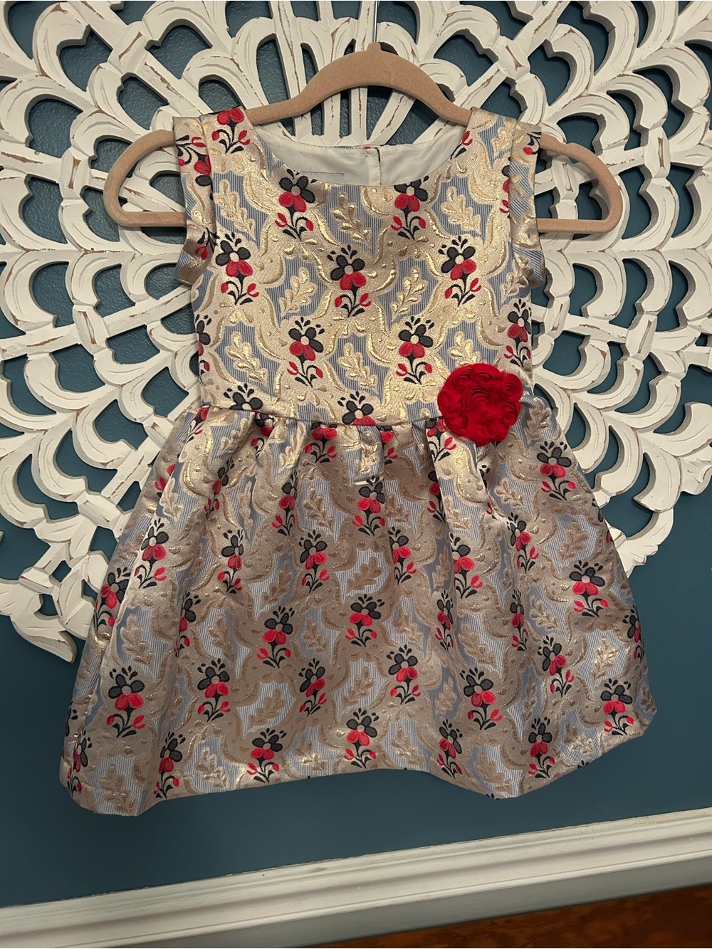 Pippa & Julie gold and multicolor floral bricade dress w/red flower appliqué